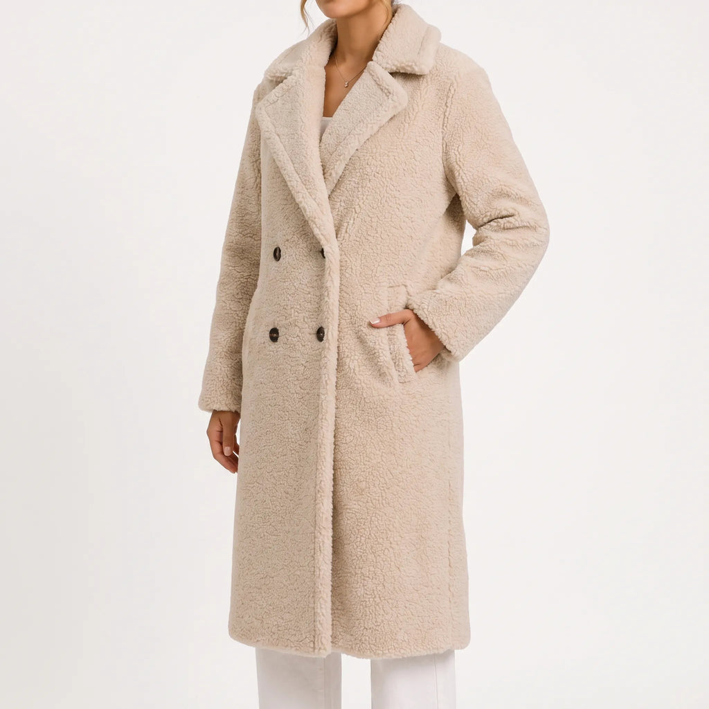 Women's long teddy coat with lapel collar and double-breasted buttons
