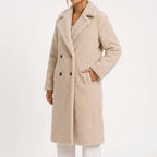 Women's long teddy coat with lapel collar and double-breasted buttons