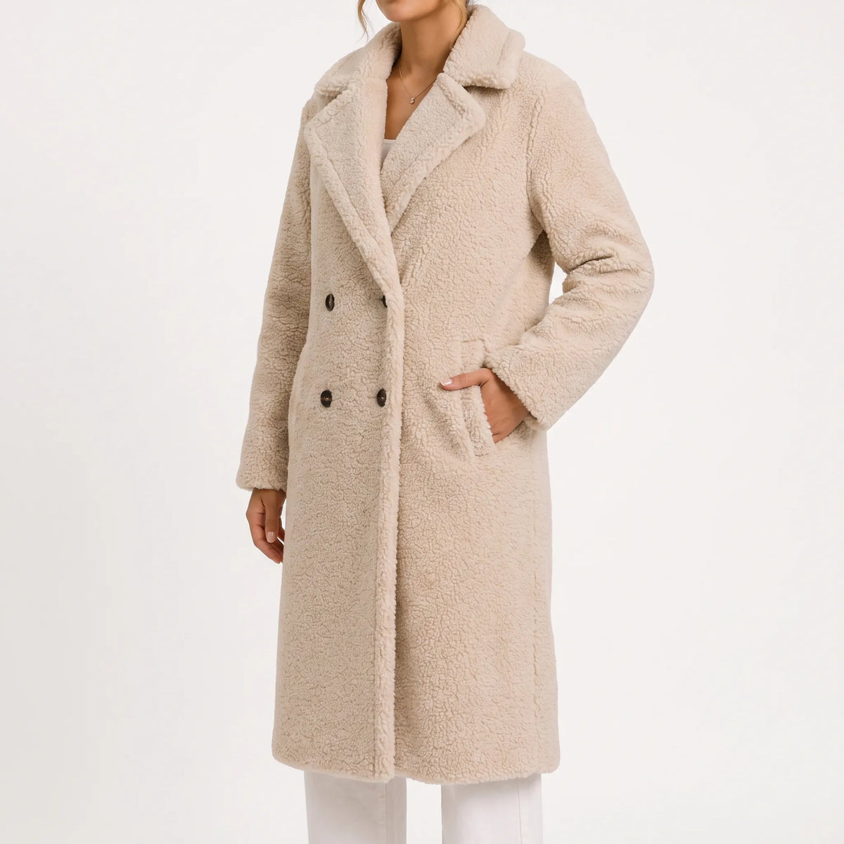 Women's long teddy coat with lapel collar and double-breasted buttons