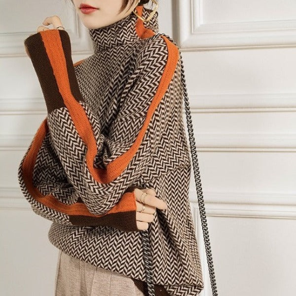 Women's geometric high-neck jumper with contrast sleeve trim