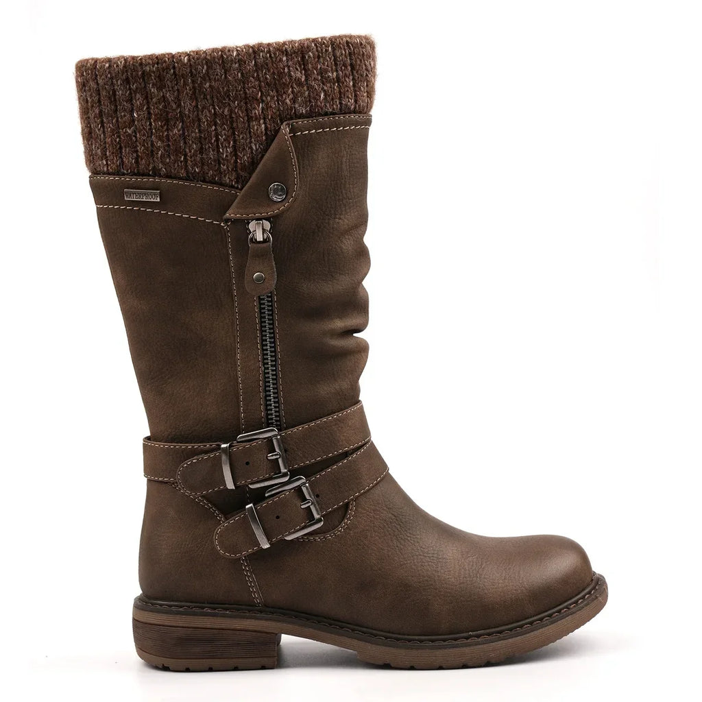 Brown women's mid-calf boots with ribbed cuffs, buckle straps and side zips