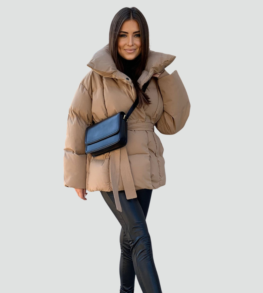 Women's quilted puffer jacket with high collar and belted waist