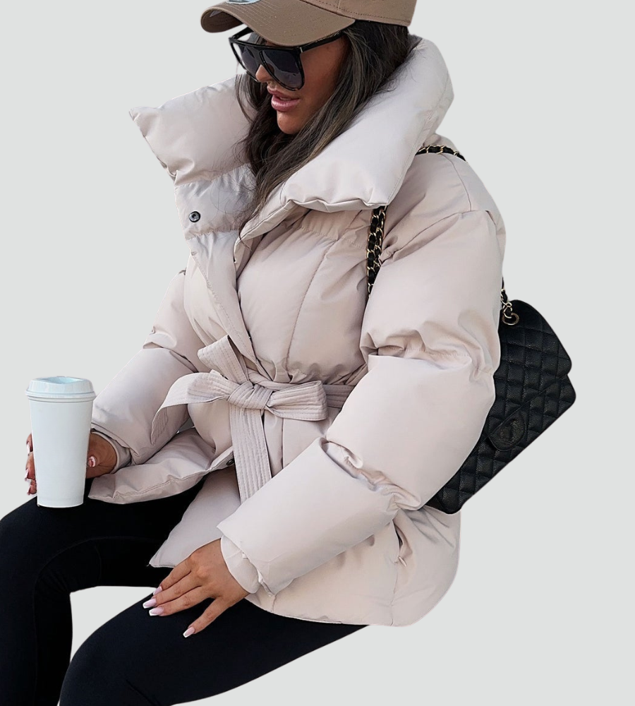 Women's quilted puffer jacket with high collar and belted waist