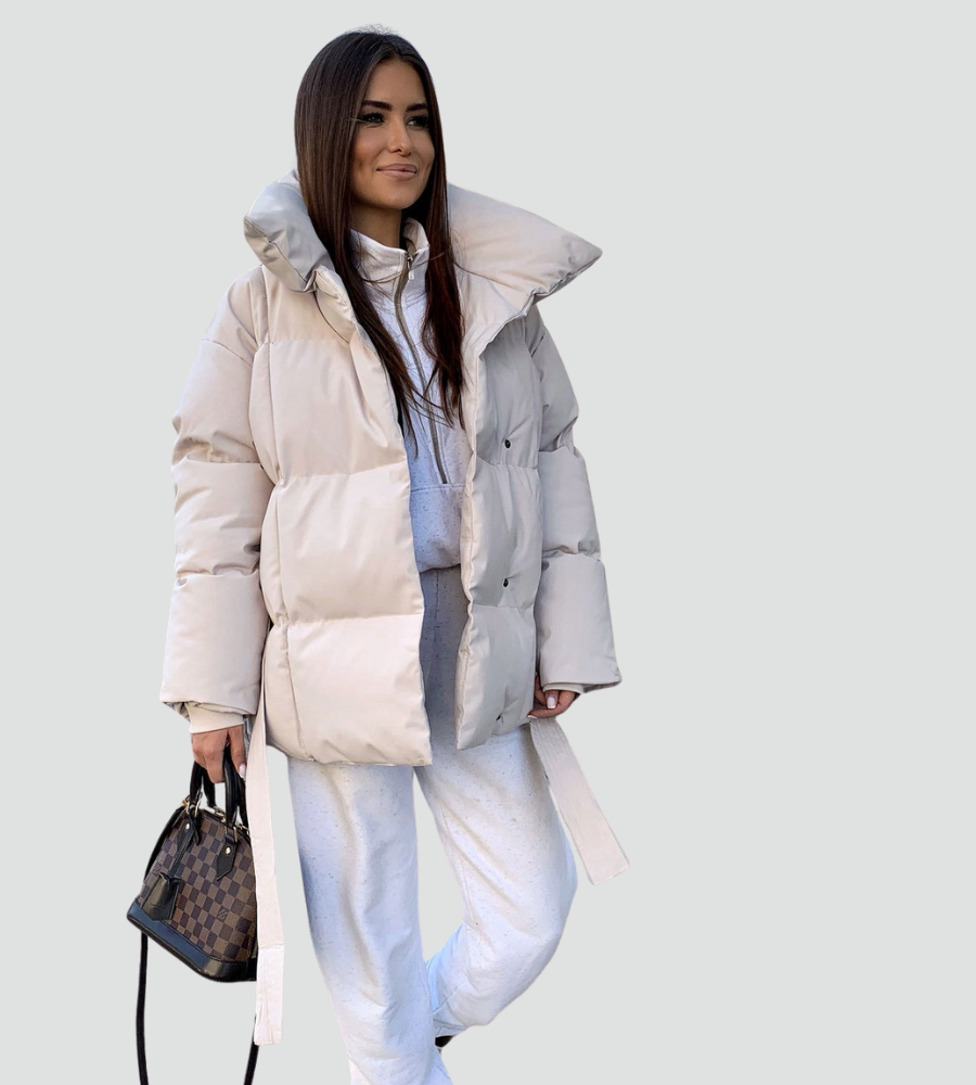 Women's quilted puffer jacket with high collar and belted waist