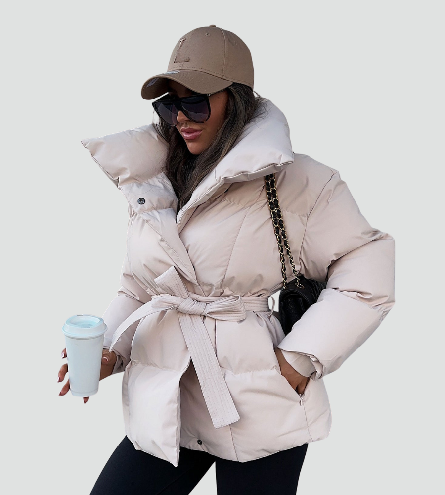 Women's quilted puffer jacket with high collar and belted waist