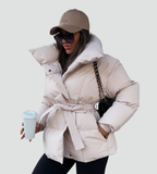 Women's quilted puffer jacket with high collar and belted waist