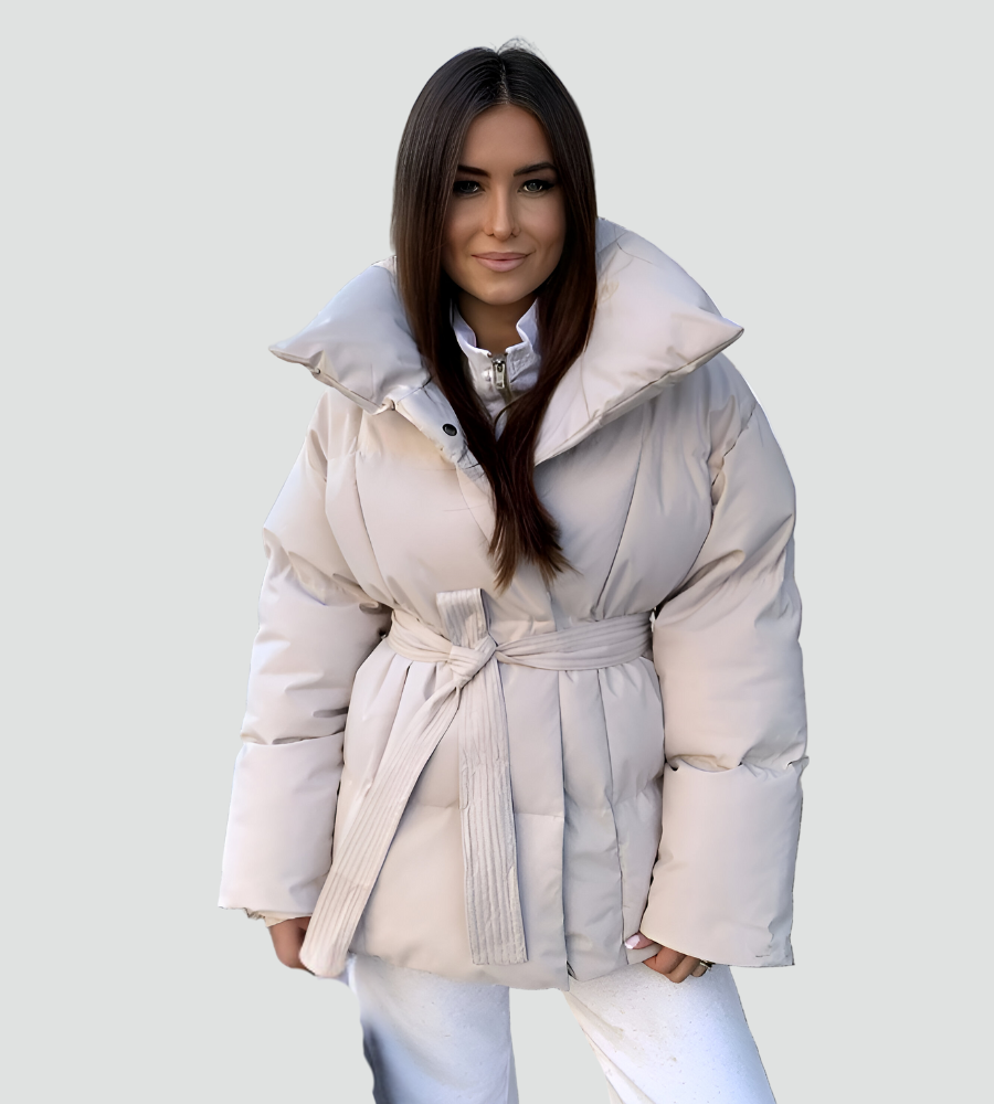 Women's quilted puffer jacket with high collar and belted waist