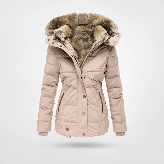 Women's quilted winter jacket with faux fur trimmed hood and zip pockets