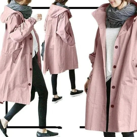 Women's long hooded trench coat with button front and large pockets