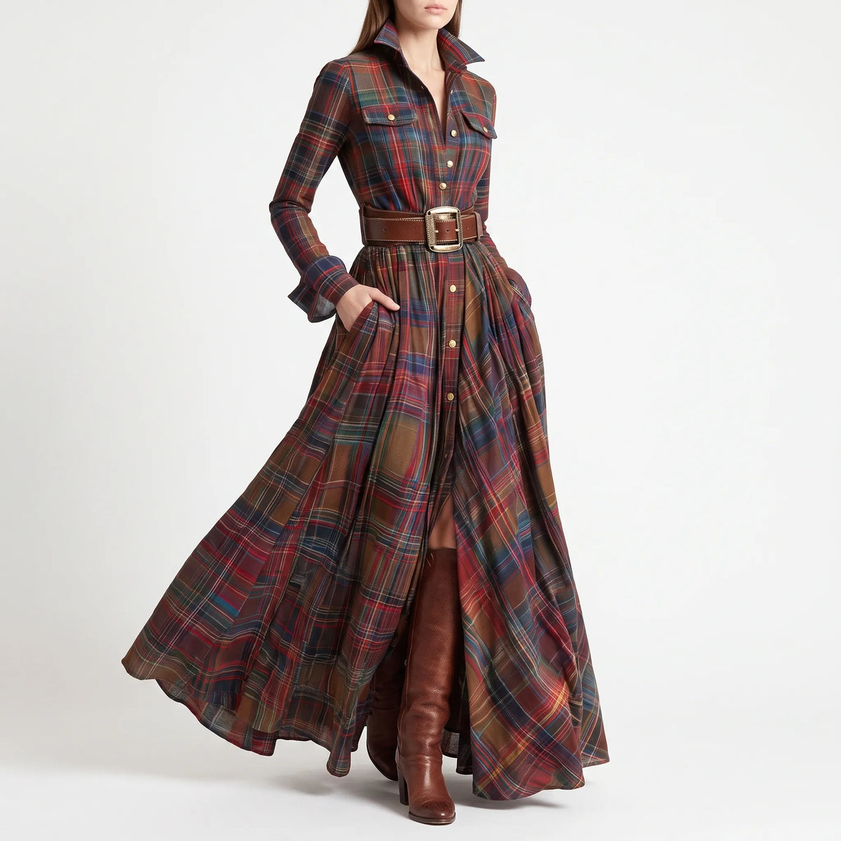 PlaidMaxi  - Maxi Length Tartan Shirt Dress Everyday Casual Wear