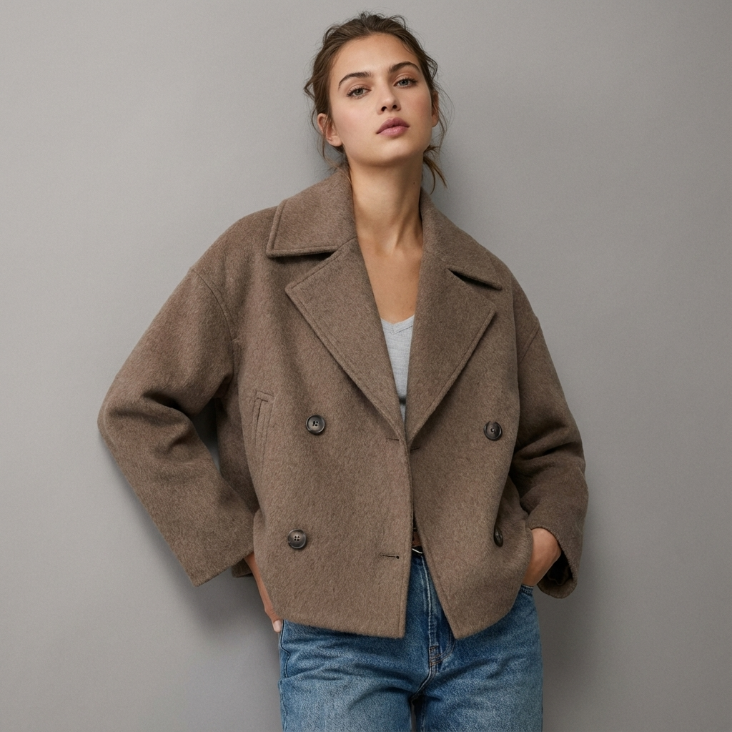 Women's short double-breasted coat with notched lapels and long sleeves