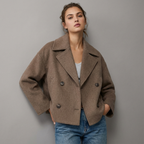 Women's short double-breasted coat with notched lapels and long sleeves