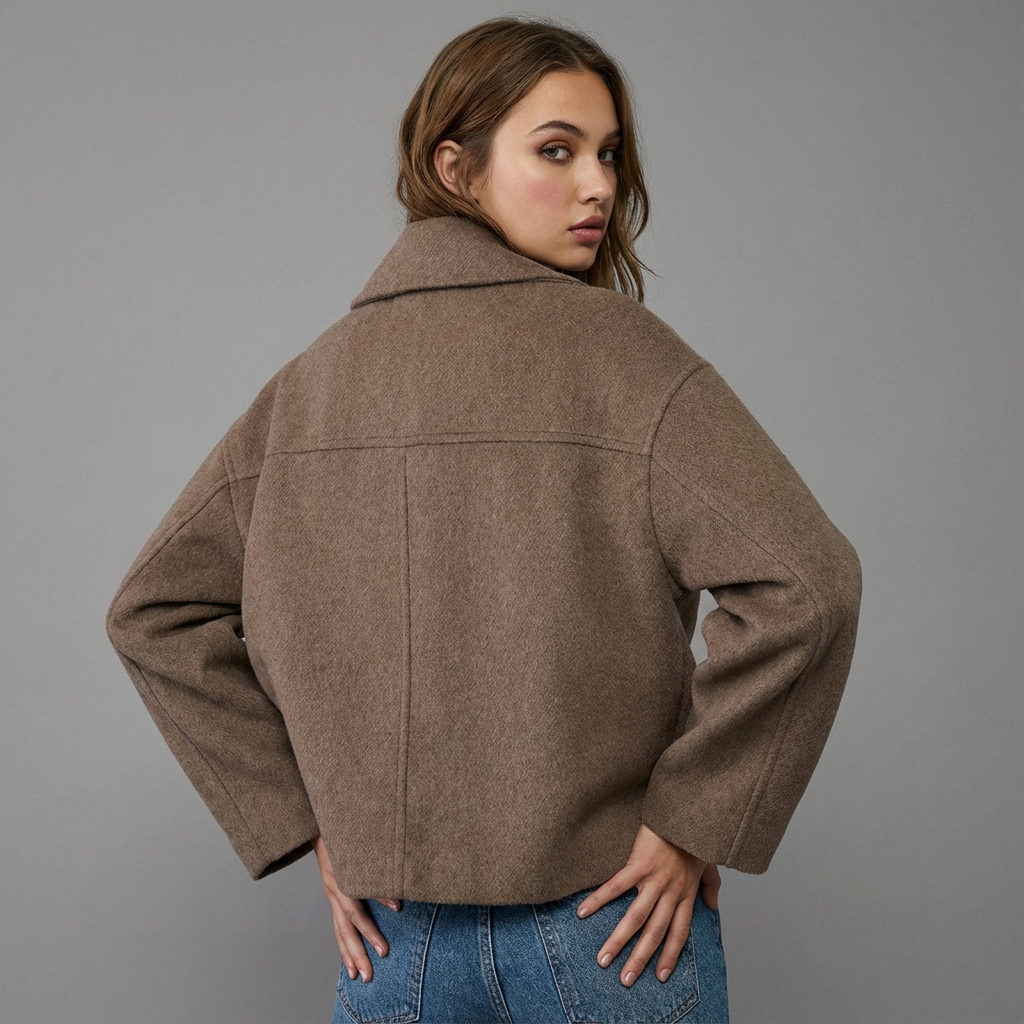 Women's short double-breasted coat with notched lapels and long sleeves