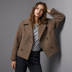Women's short double-breasted coat with notched lapels and long sleeves