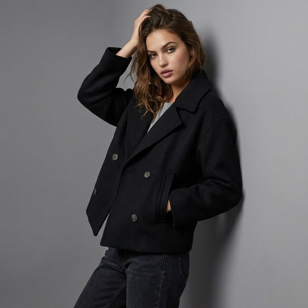 Women's short double-breasted coat with notched lapels and long sleeves