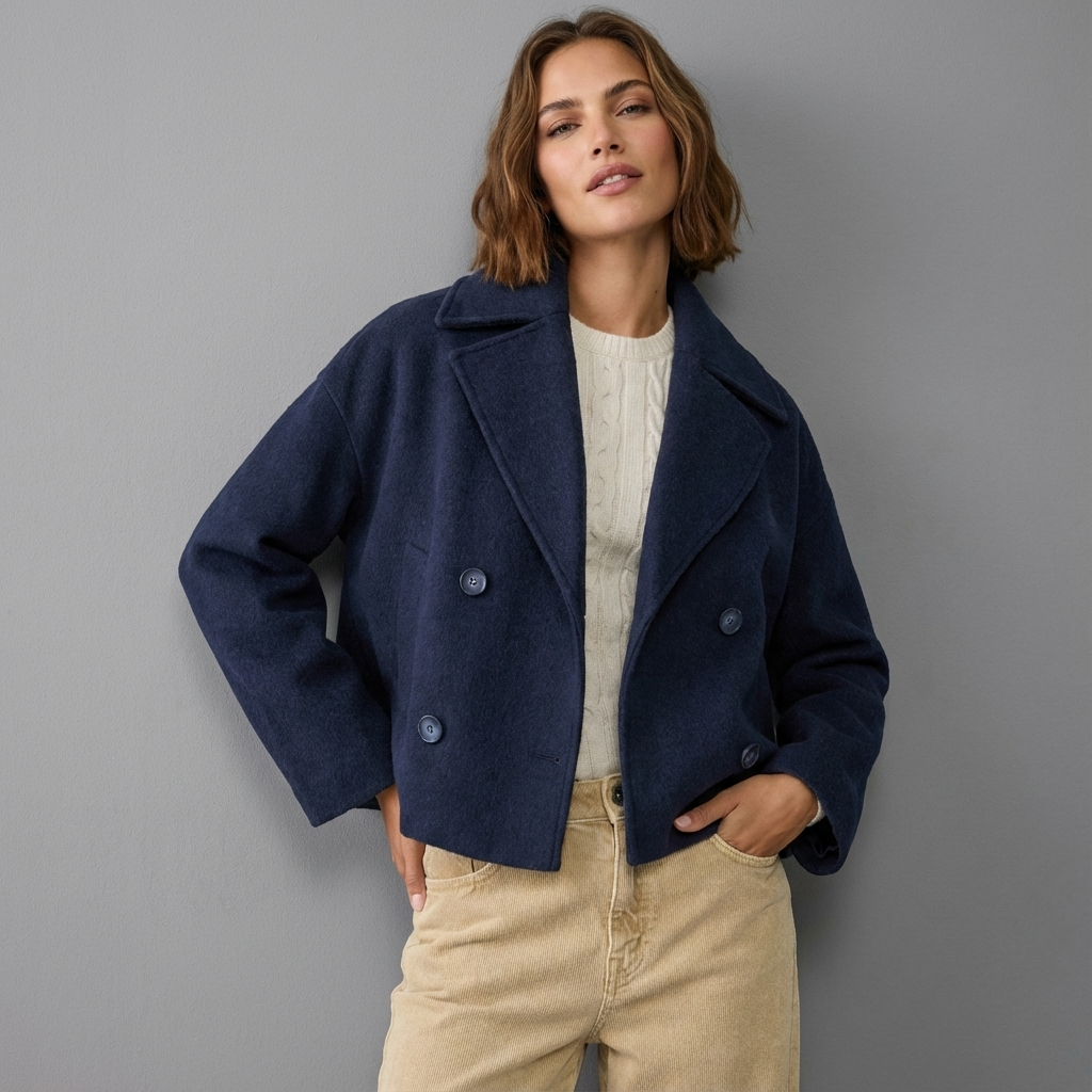 Women's short double-breasted coat with notched lapels and long sleeves
