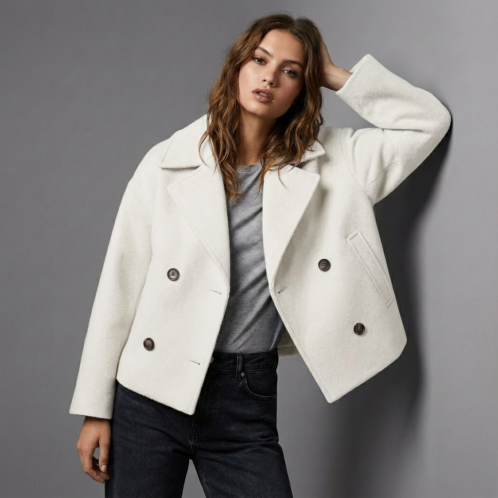 Women's short double-breasted coat with notched lapels and long sleeves