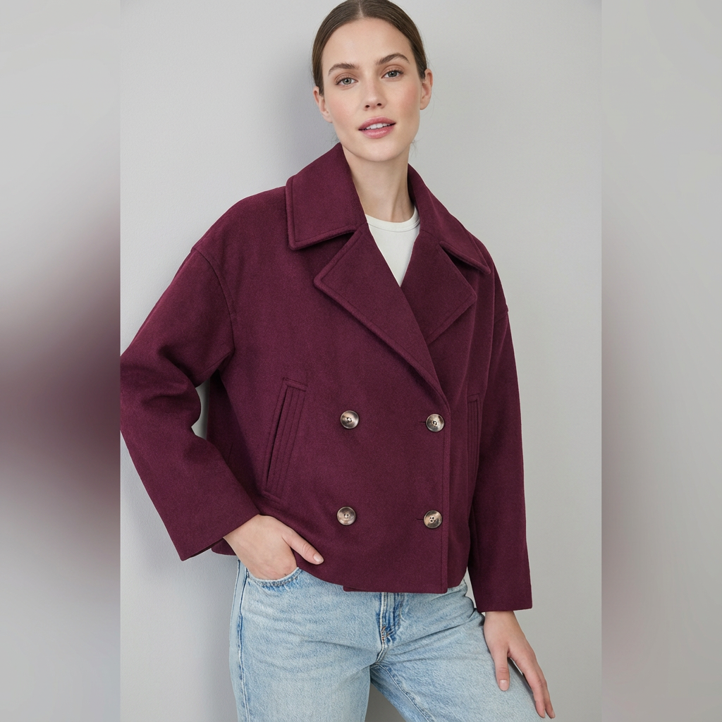 Women's short double-breasted coat with notched lapels and long sleeves