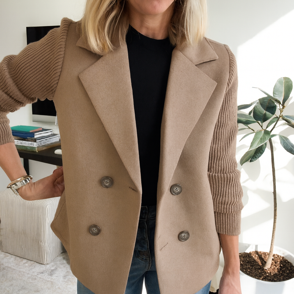 Women's button front blazer with notched lapels and long ribbed sleeves