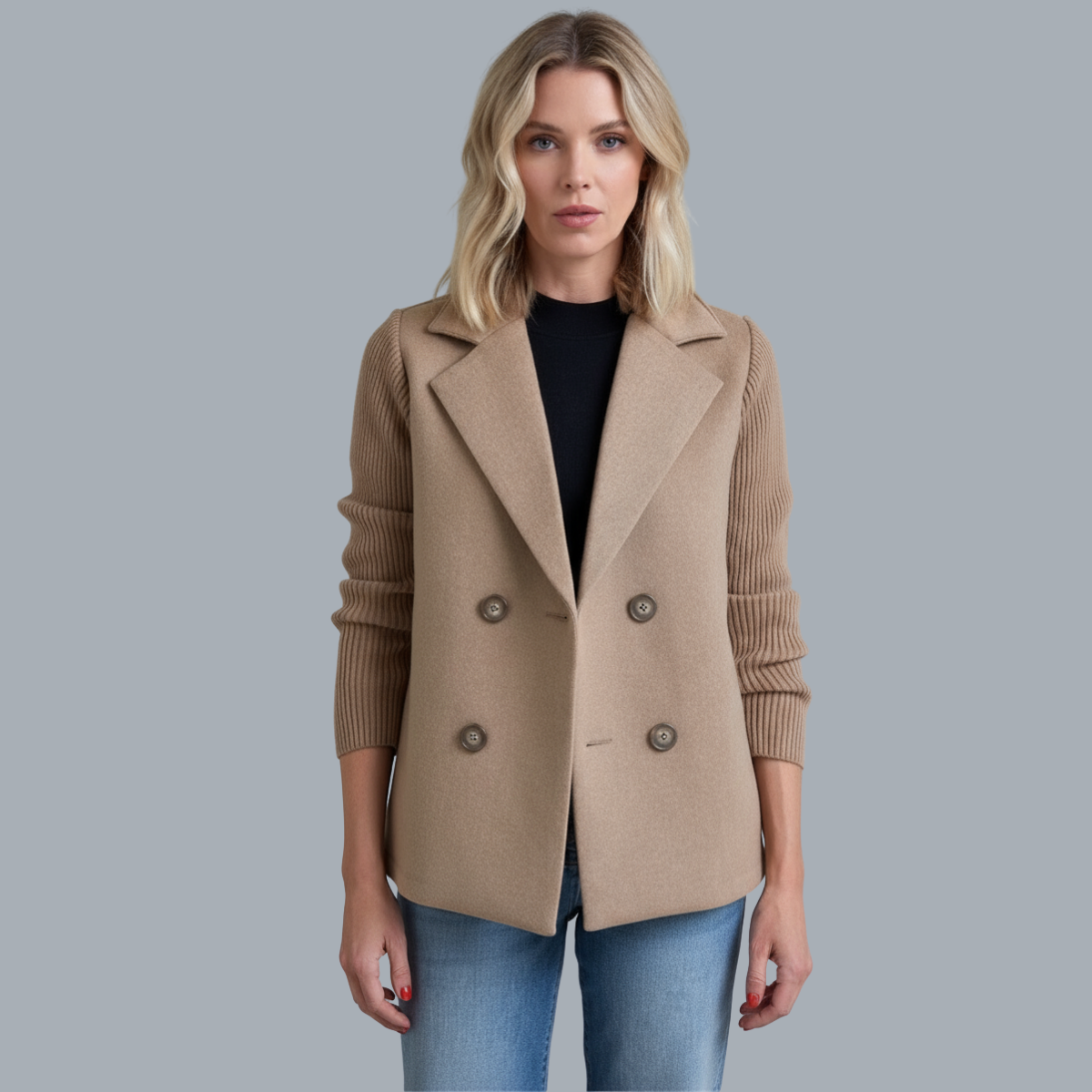 Women's button front blazer with notched lapels and long ribbed sleeves