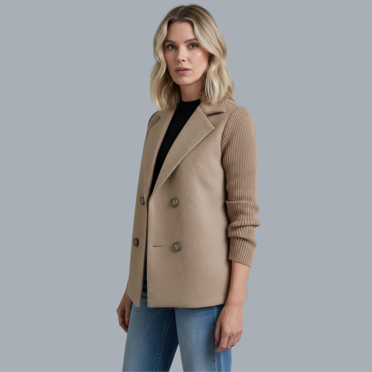 Women's button front blazer with notched lapels and long ribbed sleeves