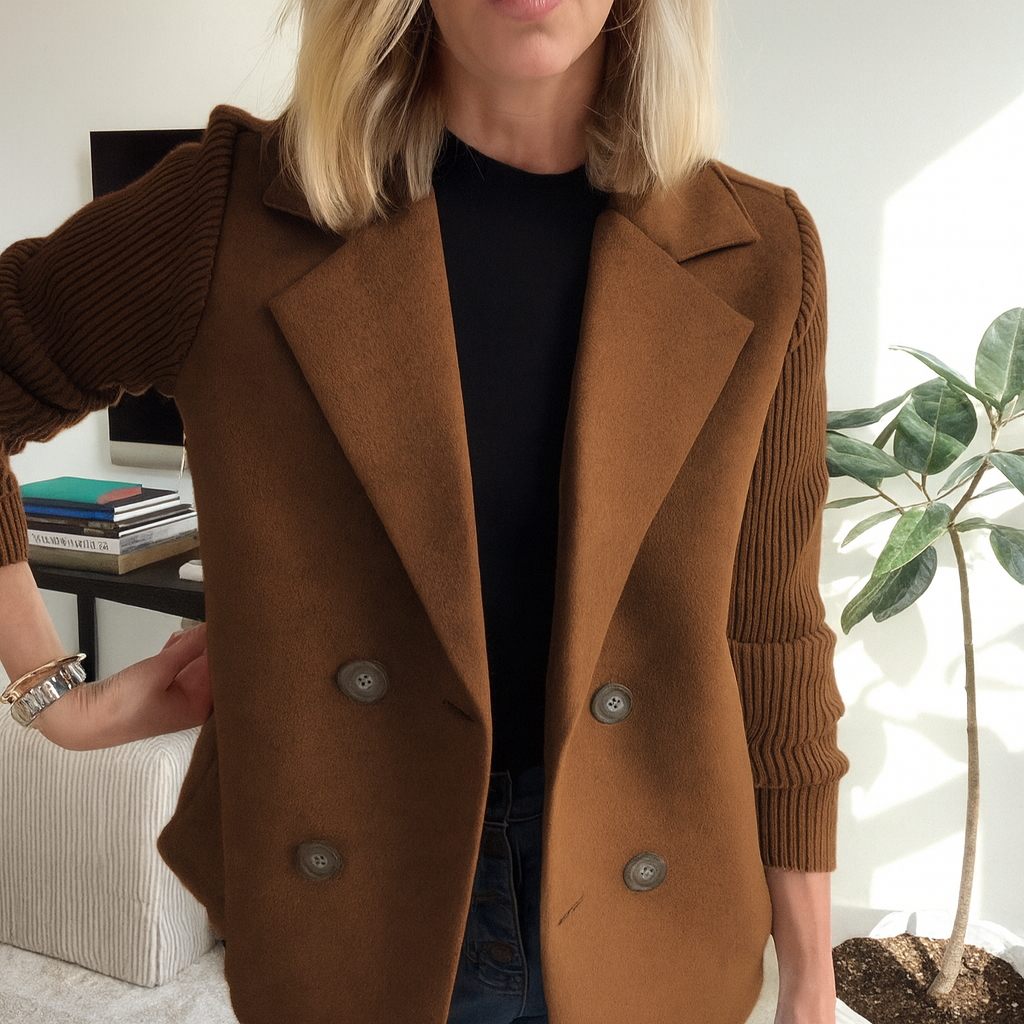 Women's button front blazer with notched lapels and long ribbed sleeves