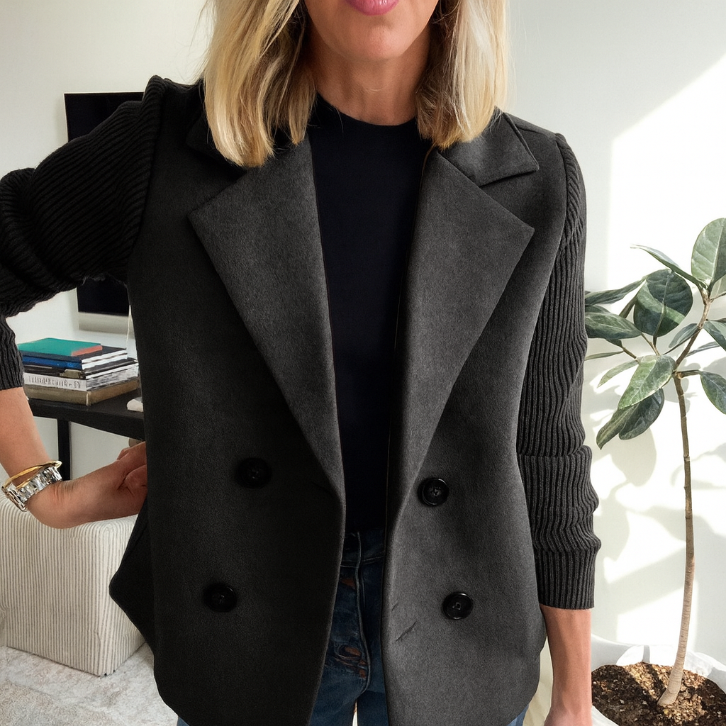 Women's button front blazer with notched lapels and long ribbed sleeves