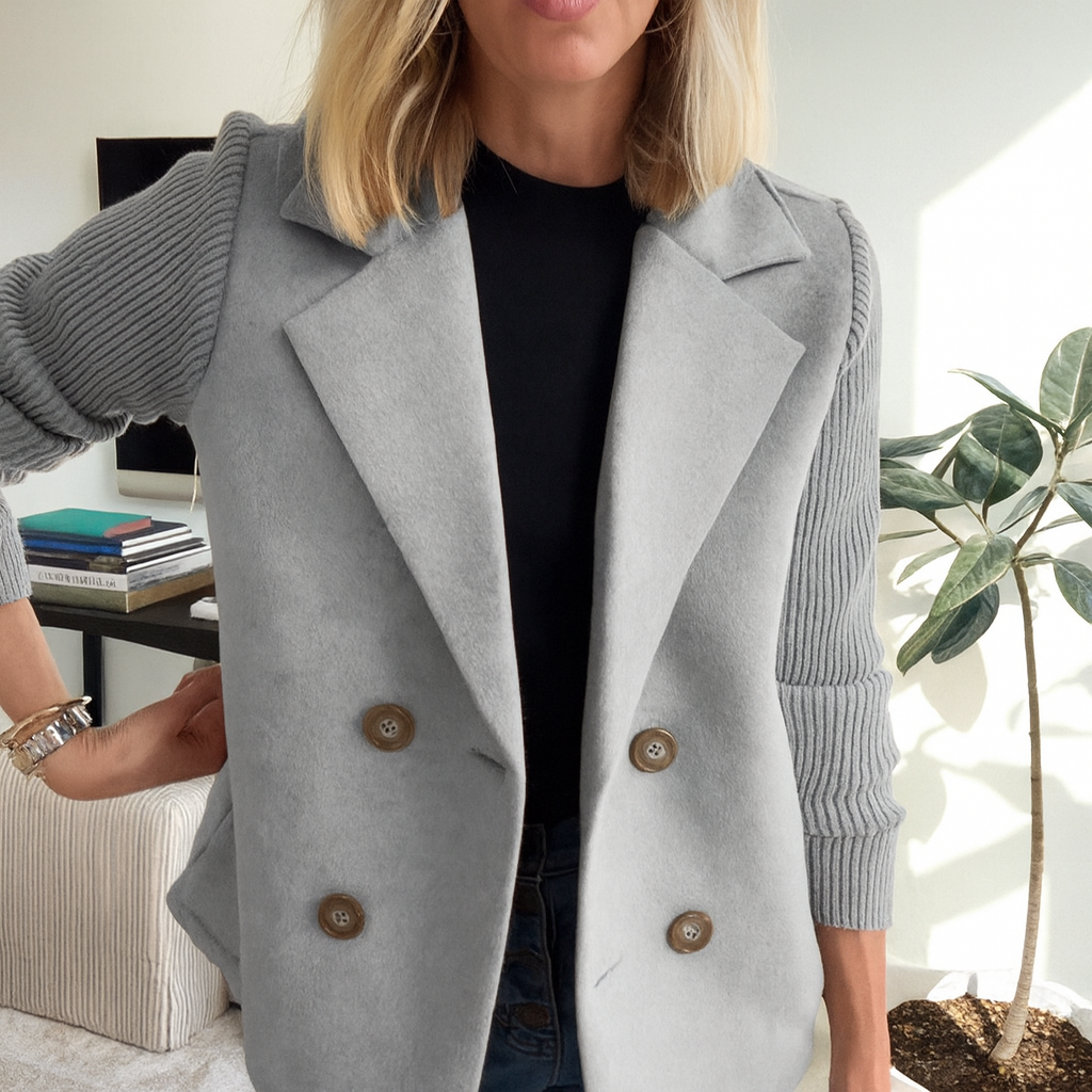 Women's button front blazer with notched lapels and long ribbed sleeves