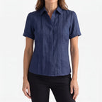 Women's short-sleeved pleated blouse with collared neckline and button front