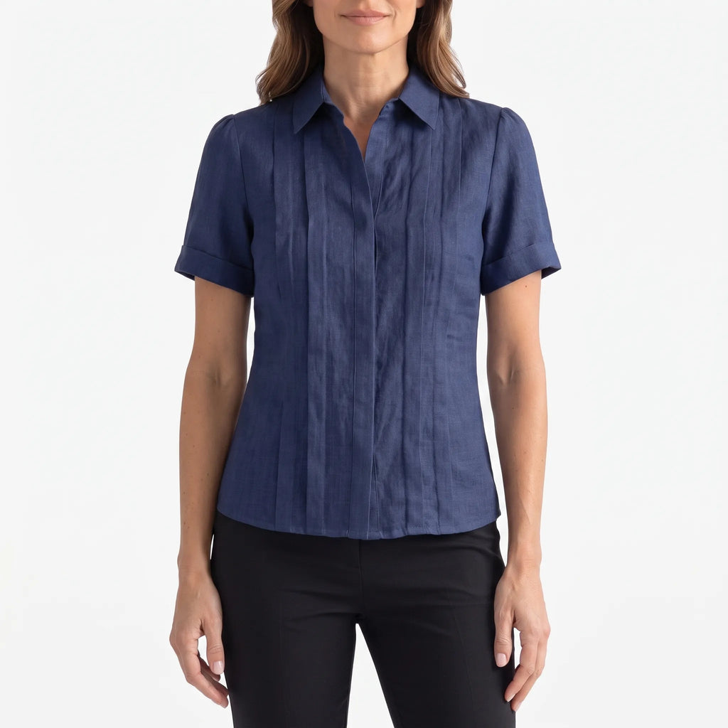 Women's short-sleeved pleated blouse with collared neckline and button front
