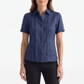 Women's short-sleeved pleated blouse with collared neckline and button front