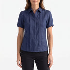Women's short-sleeved pleated blouse with collared neckline and button front