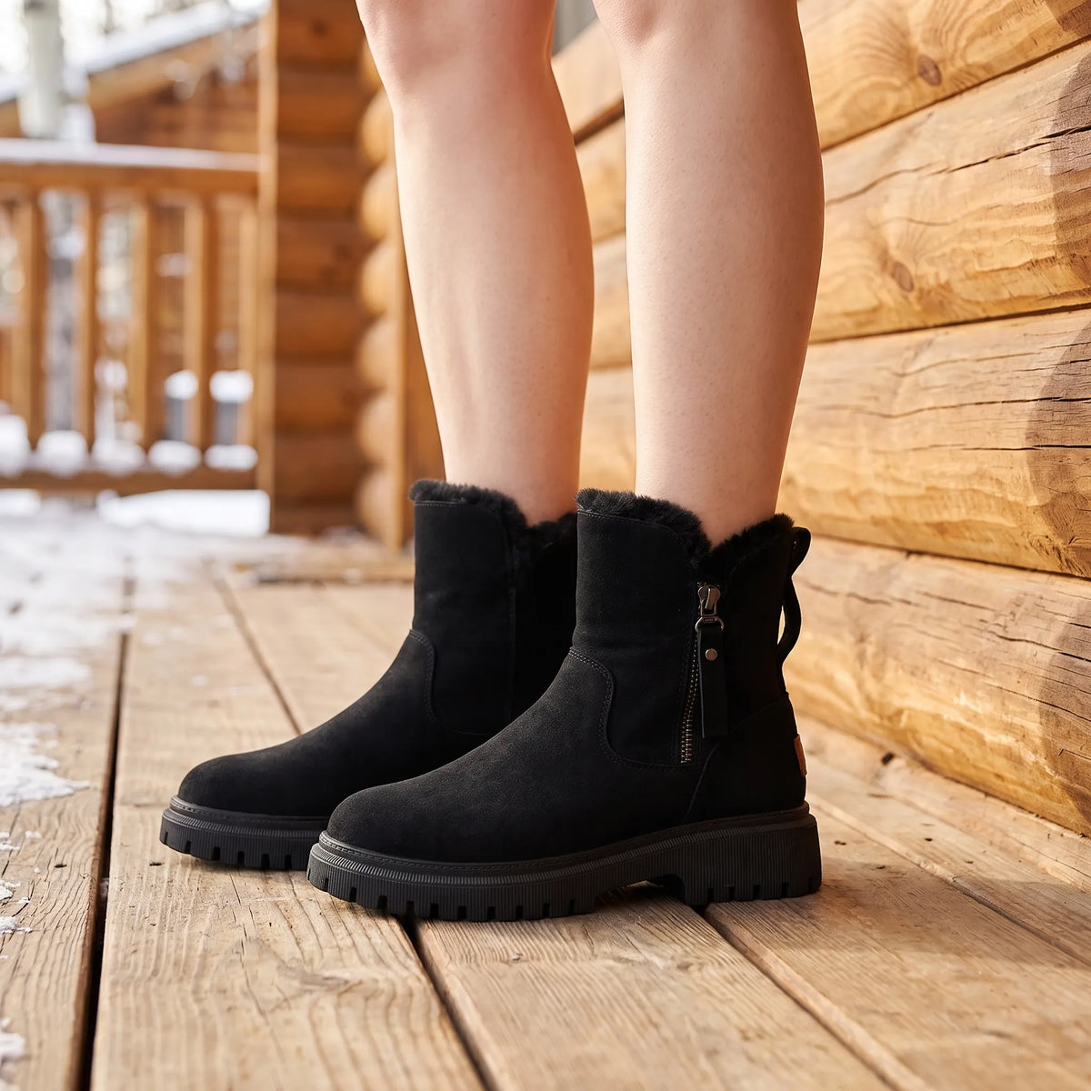 Lined chunky ankle boots with side zips, fur-like trim and lug soles shown in black and beige