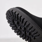 Lined chunky ankle boots with side zips, fur-like trim and lug soles shown in black and beige