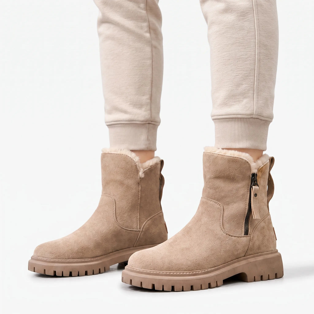 Lined chunky ankle boots with side zips, fur-like trim and lug soles shown in black and beige