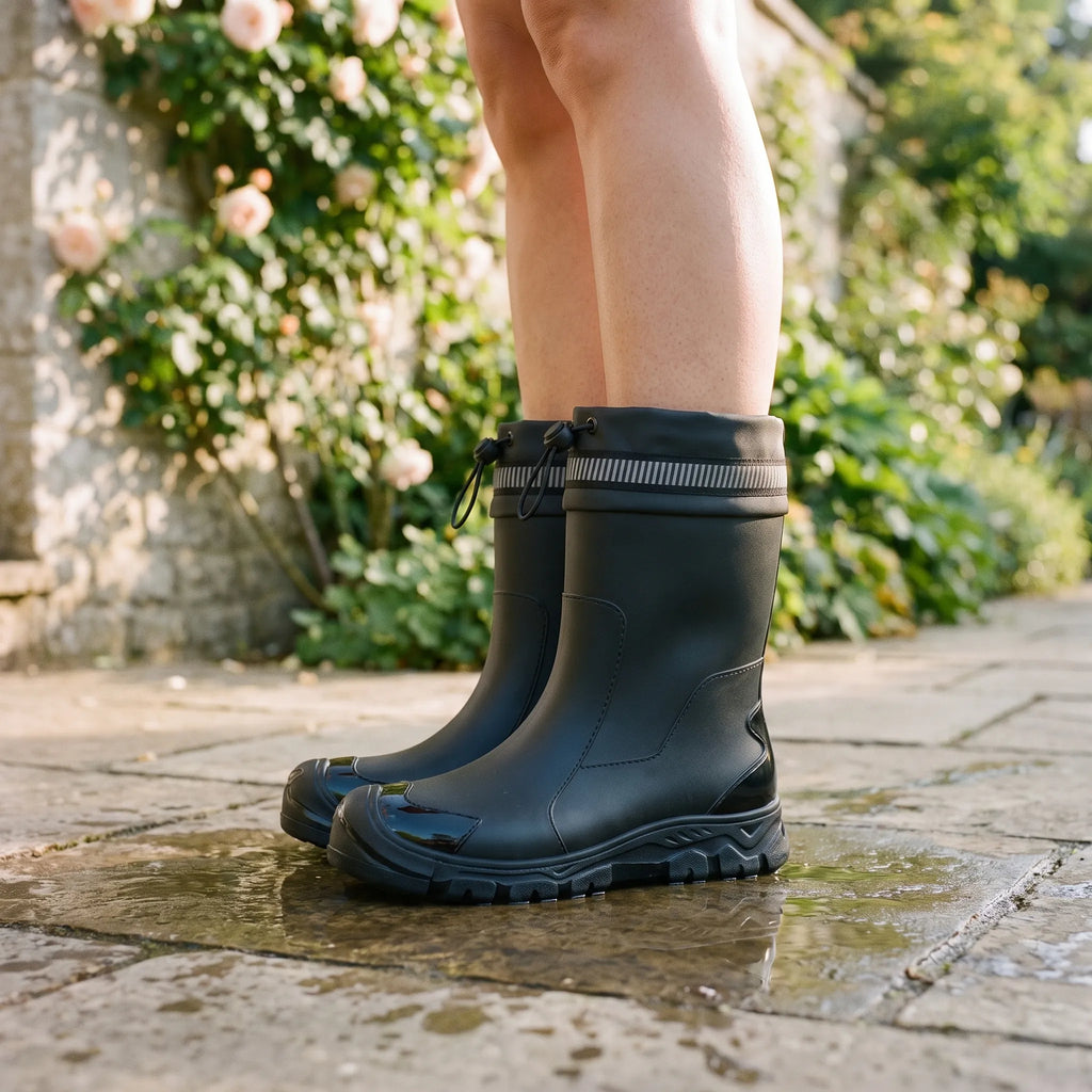 Mid-calf Wellington boots with drawstring collars and lugged soles