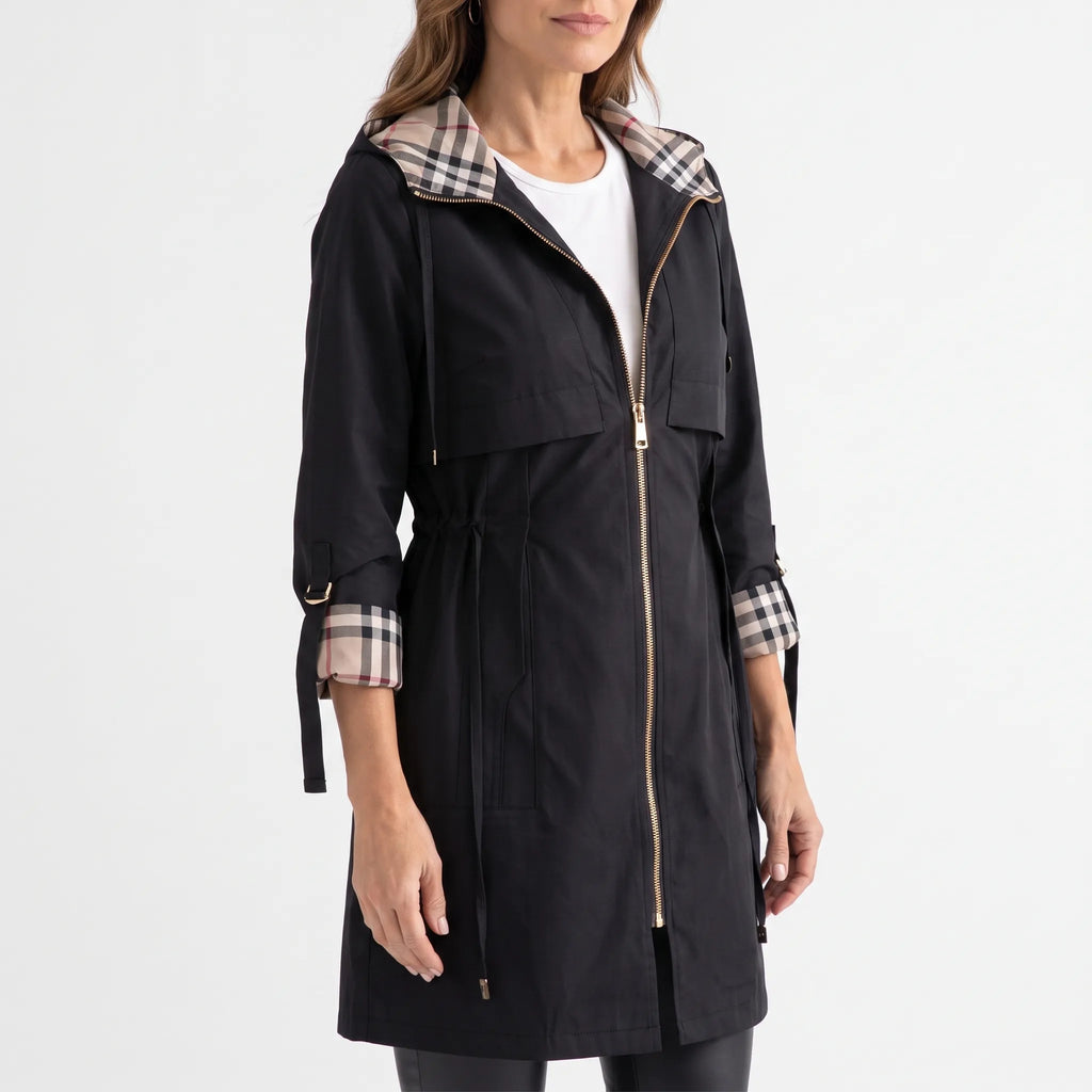 Women's longline hooded parka jacket with checked lining, zip front and utility pockets