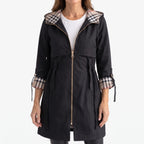 Women's longline hooded parka jacket with checked lining, zip front and utility pockets