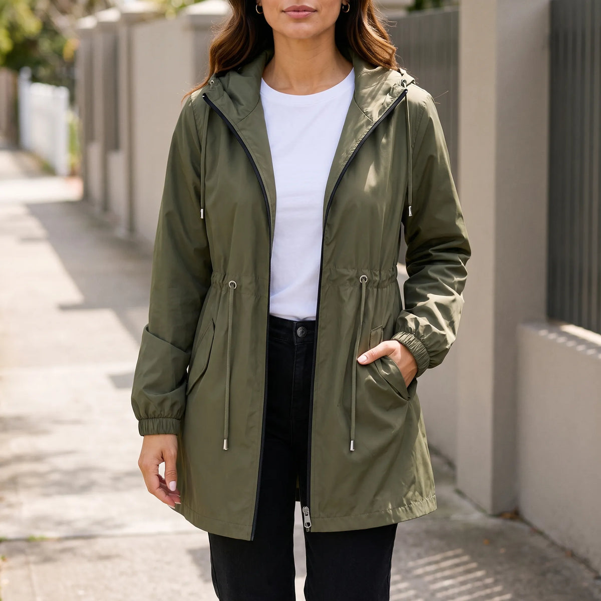 Women's hooded raincoat jacket with drawstring waist and front pockets