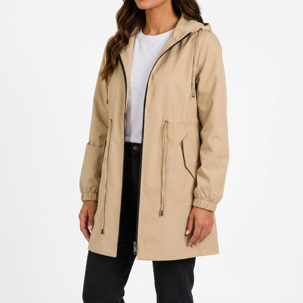 Women's hooded raincoat jacket with drawstring waist and front pockets