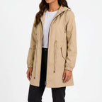 Women's hooded raincoat jacket with drawstring waist and front pockets