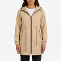 Women's hooded raincoat jacket with drawstring waist and front pockets