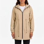 Women's hooded raincoat jacket with drawstring waist and front pockets