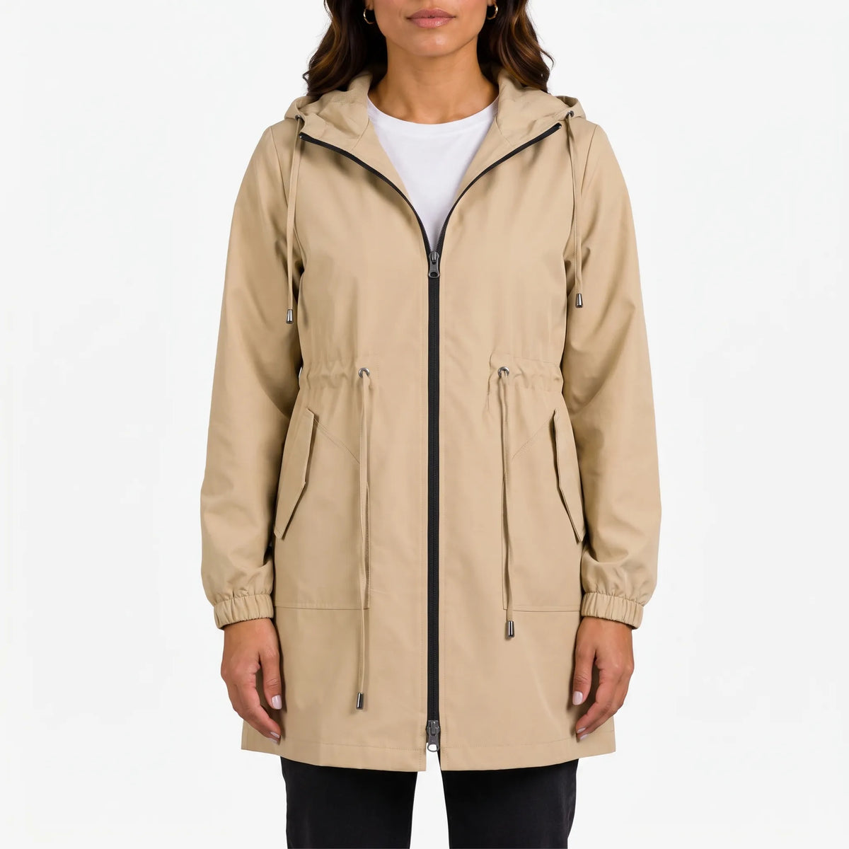 Women's hooded raincoat jacket with drawstring waist and front pockets
