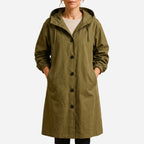 Women's long hooded waterproof coat with button front and pockets