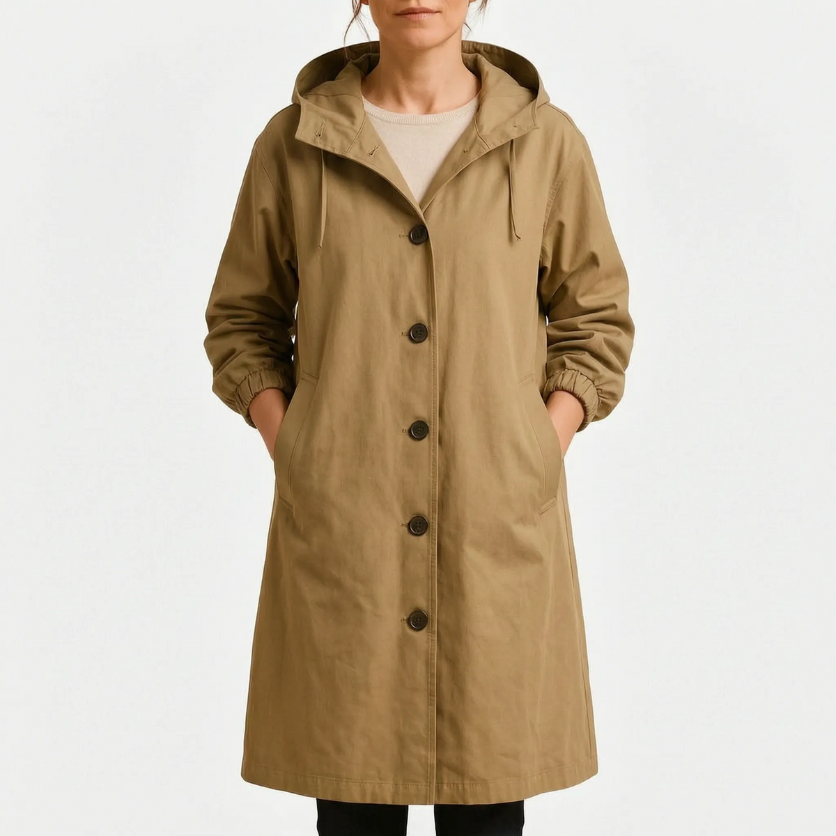 Women's long hooded waterproof coat with button front and pockets