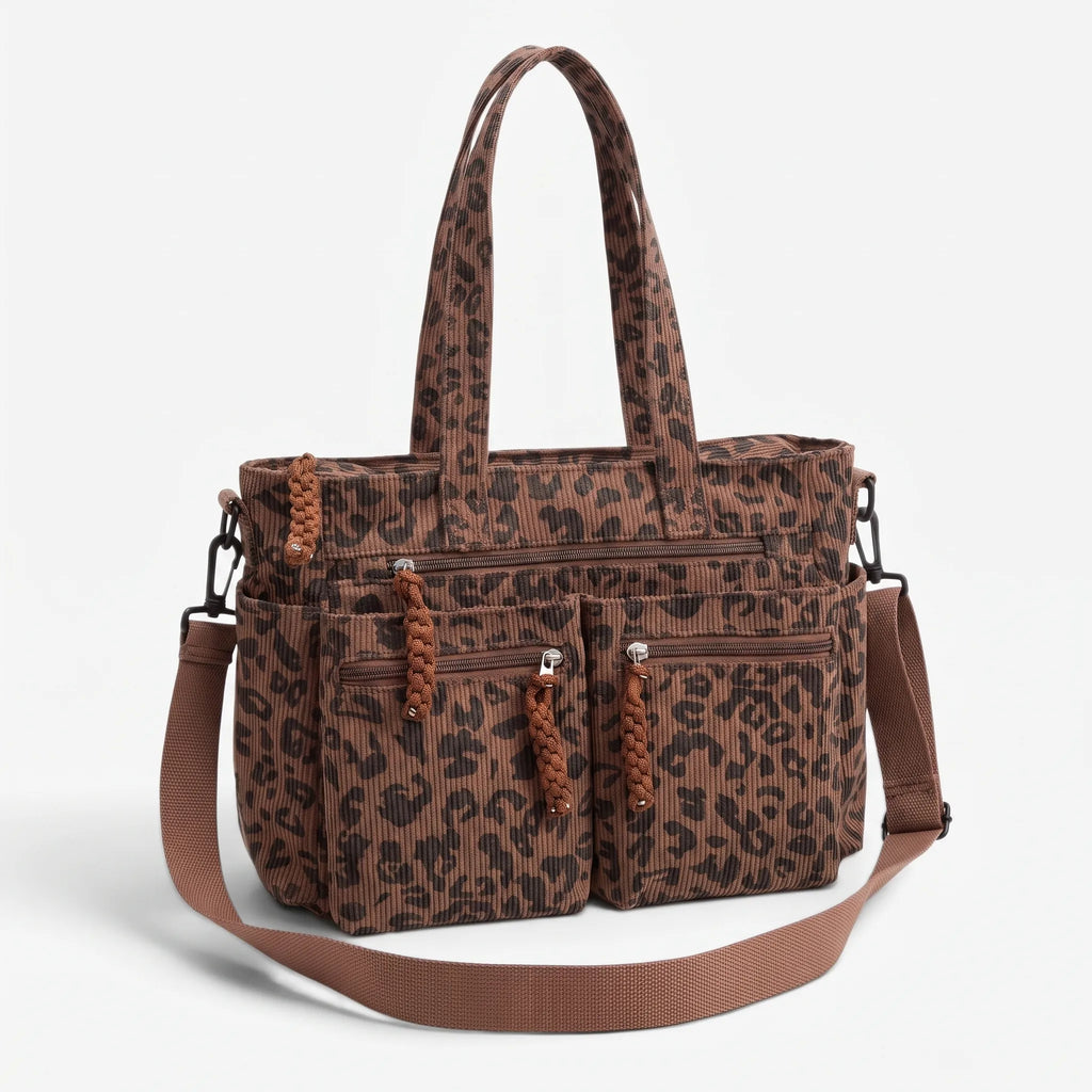 Women's ribbed leopard print tote bag with multiple front pockets and shoulder strap