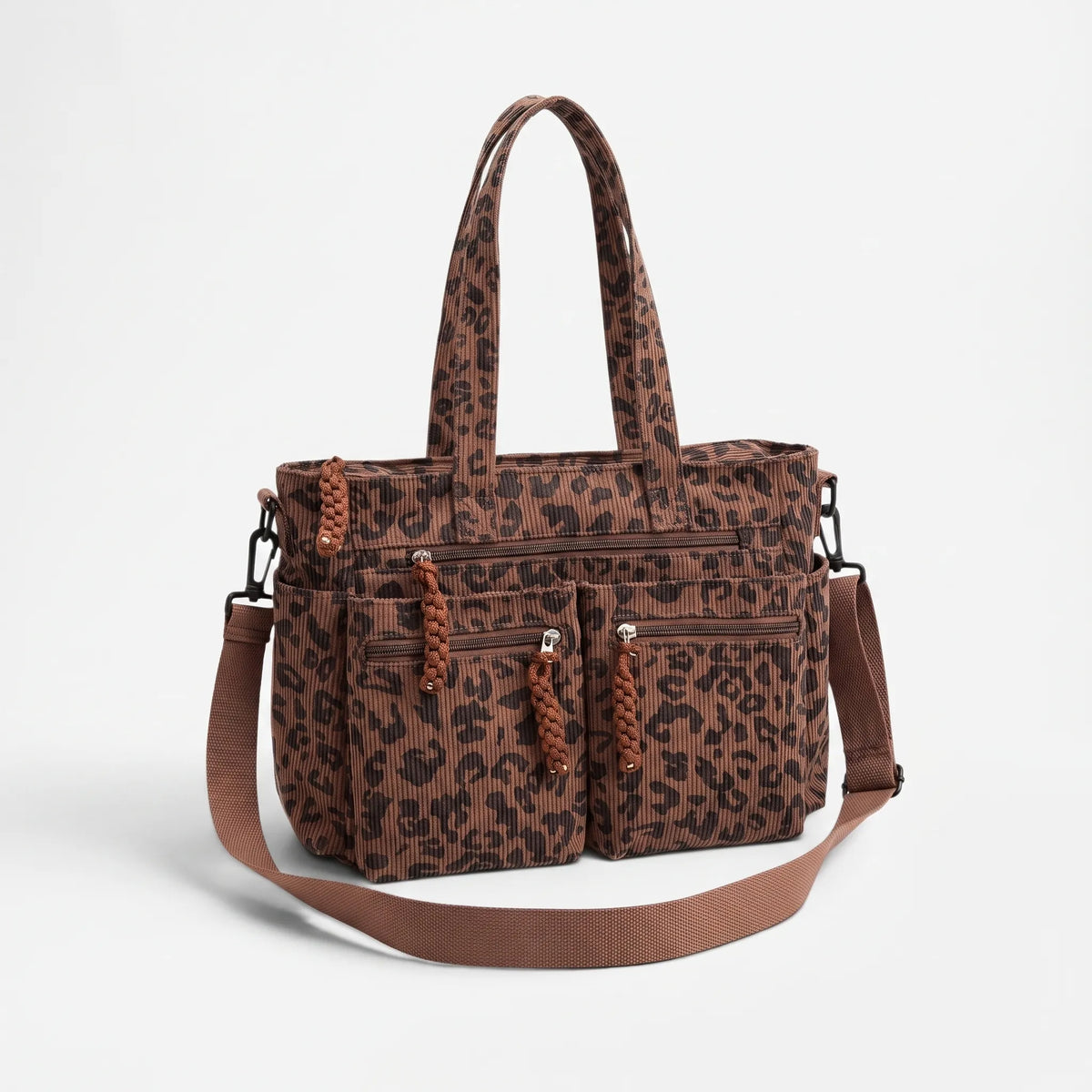 Women's ribbed leopard print tote bag with multiple front pockets and shoulder strap