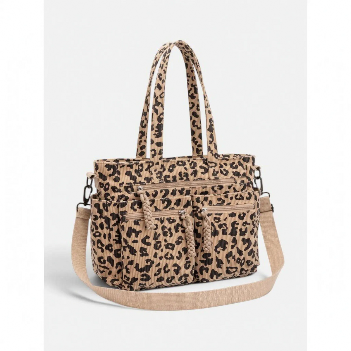 Women's ribbed leopard print tote bag with multiple front pockets and shoulder strap
