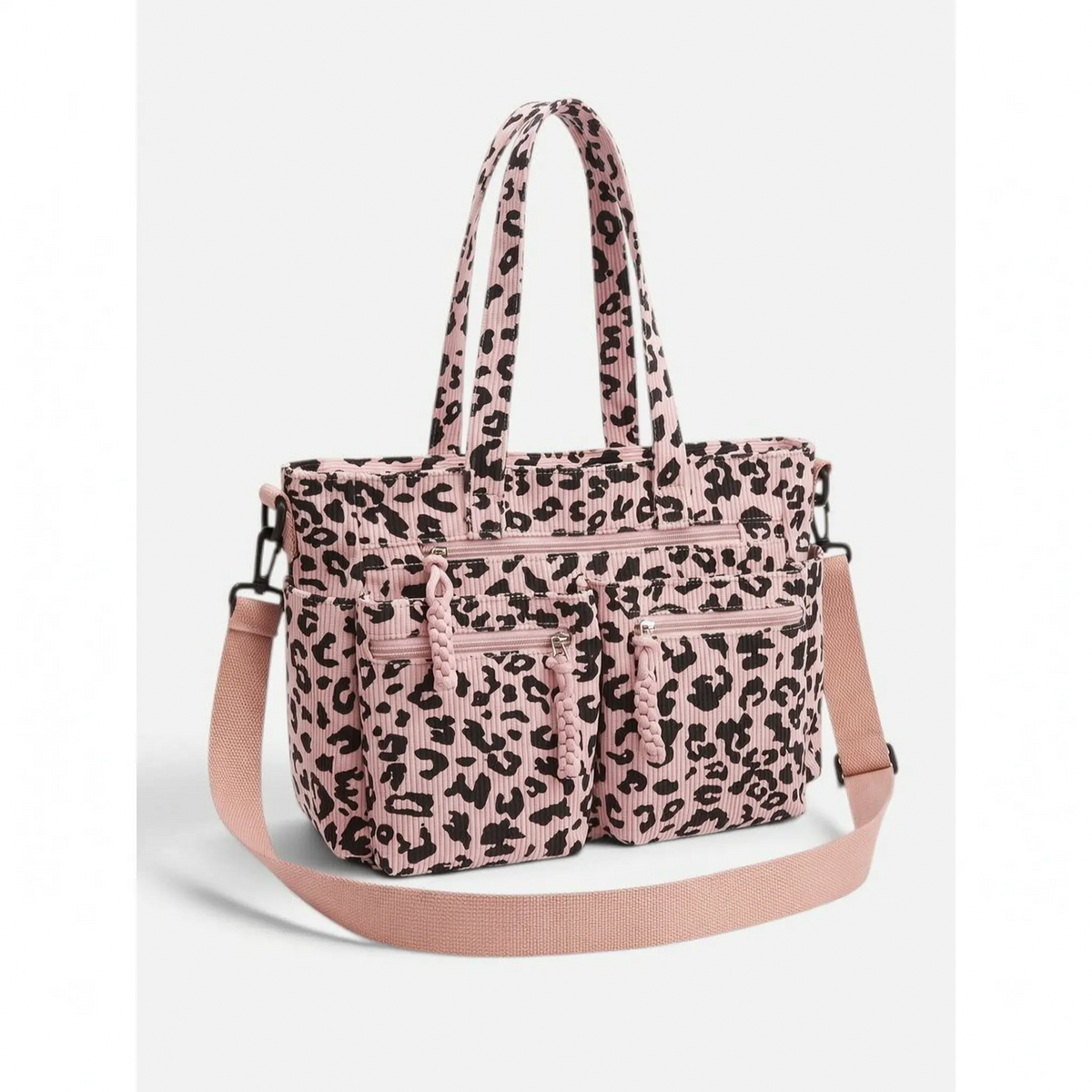 Women's ribbed leopard print tote bag with multiple front pockets and shoulder strap